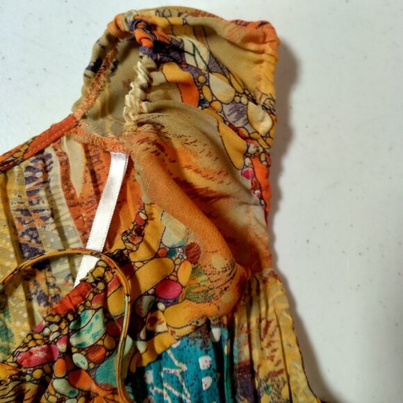 Dressbarn Shirt Large Sleeveless Pleated Button Up Orange Whimsical Forest Fairy - Picture 11 of 16